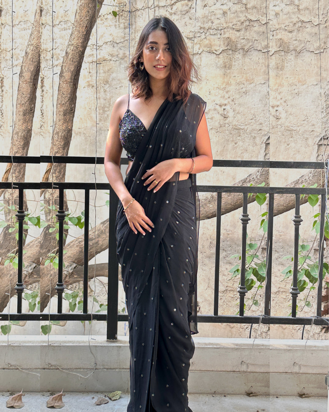 The Classic Black Pre-Draped Saree with Hand-Embroidered Blouse