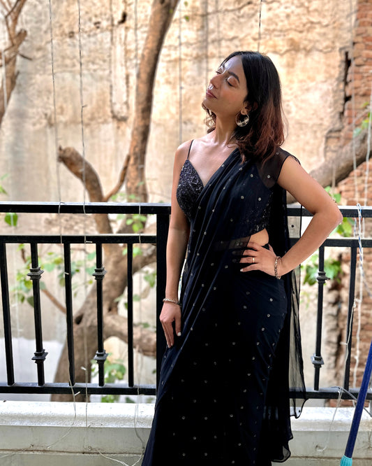 The Classic Black Pre-Draped Saree with Hand-Embroidered Blouse