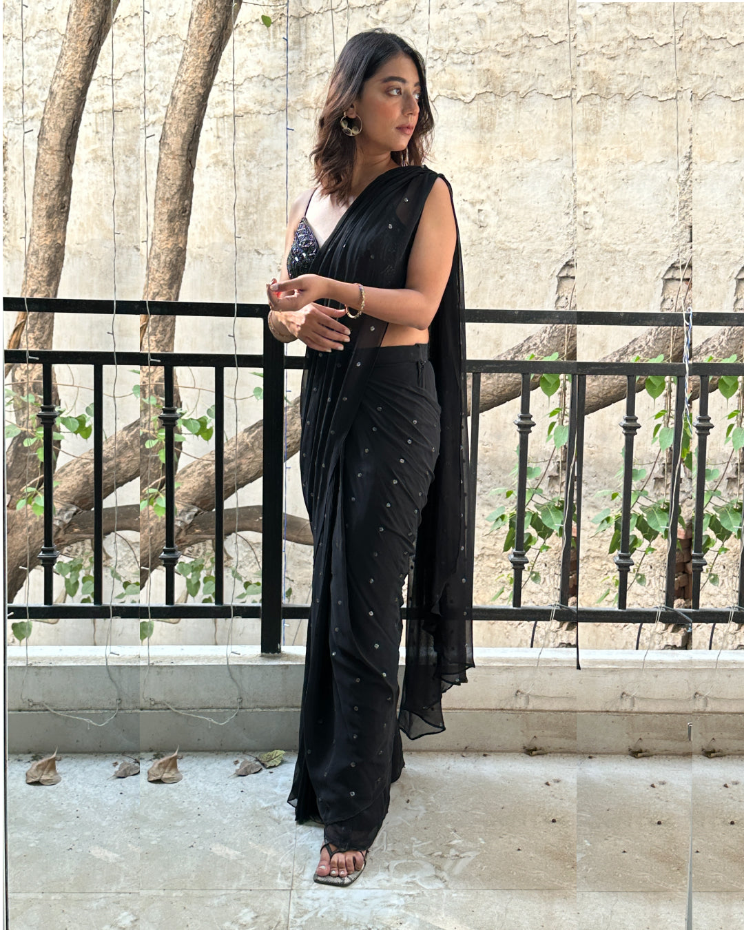 The Classic Black Pre-Draped Saree with Hand-Embroidered Blouse