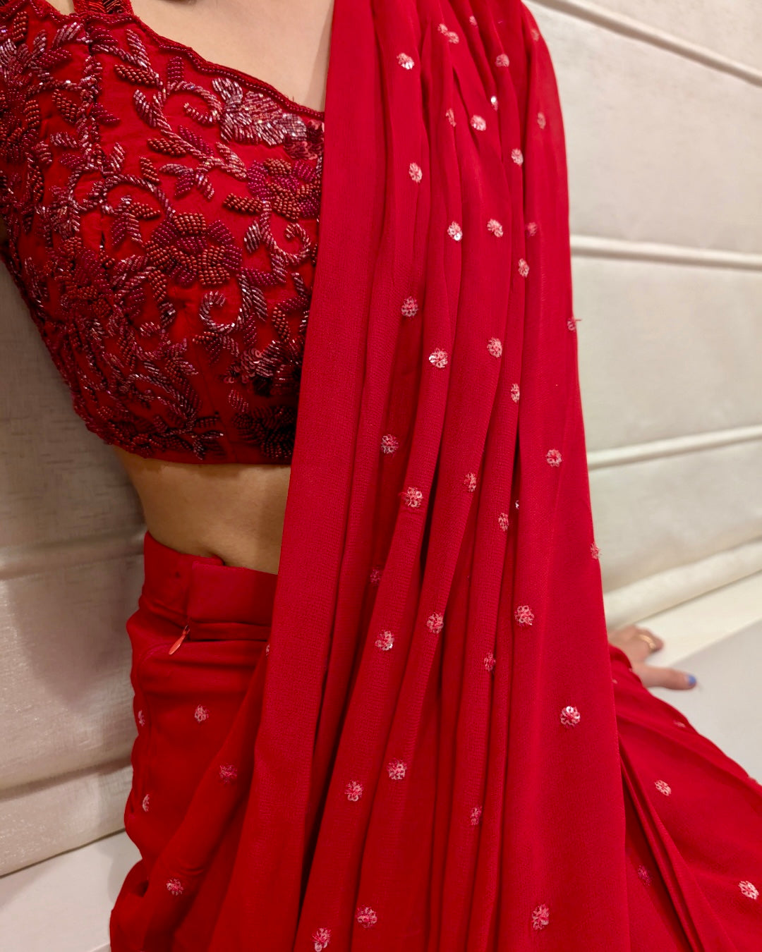 The Classic Red Pre-Draped Saree with Hand-Embroidered Blouse