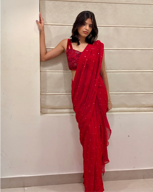 The Classic Red Pre-Draped Saree with Hand-Embroidered Blouse