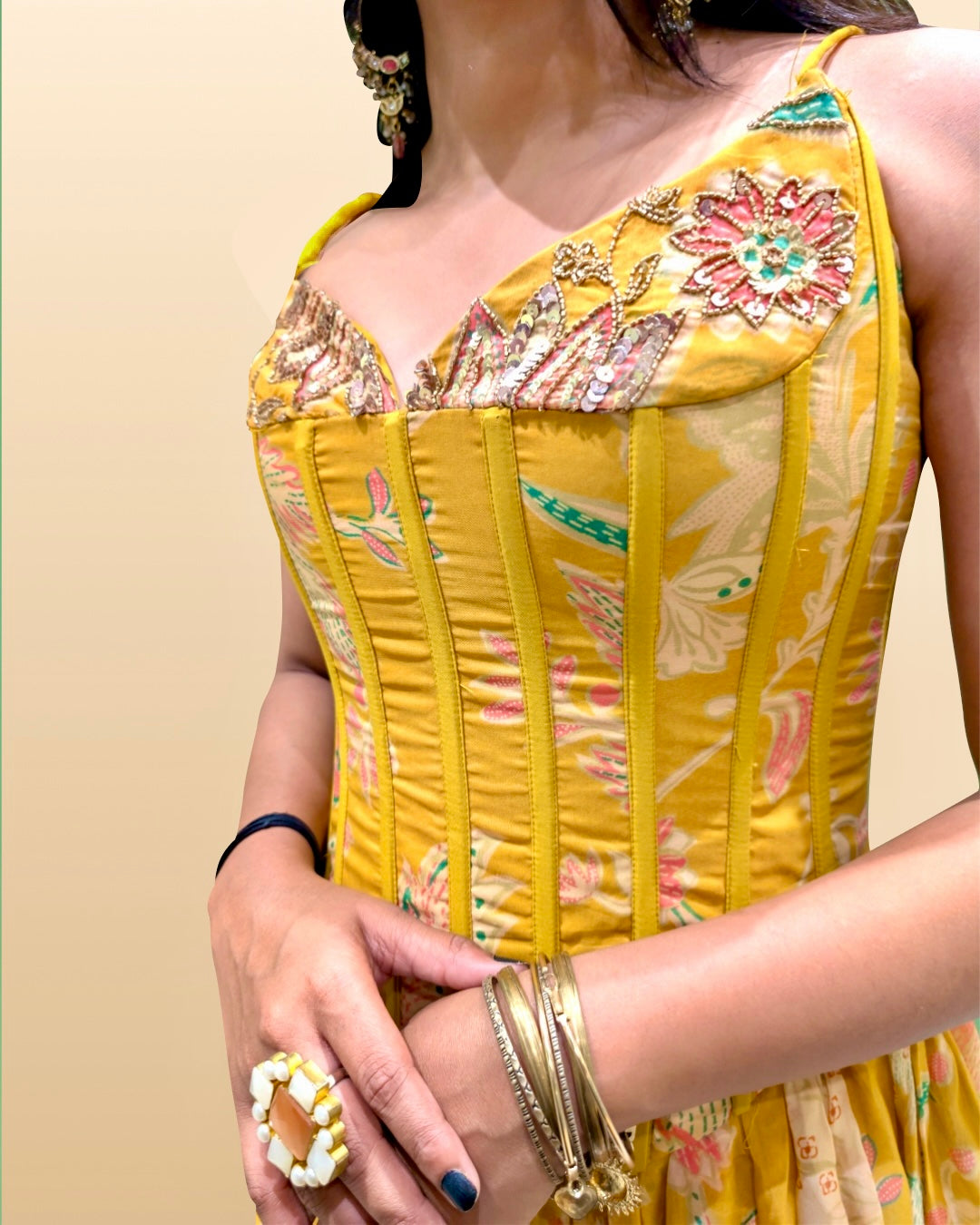 Yellow Hand Embroidered Organza Corset Lehenga Set