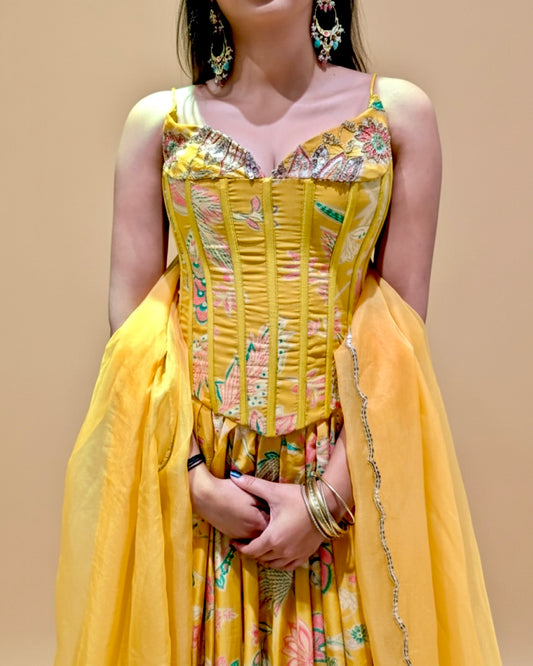 Yellow Hand Embroidered Organza Corset Lehenga Set