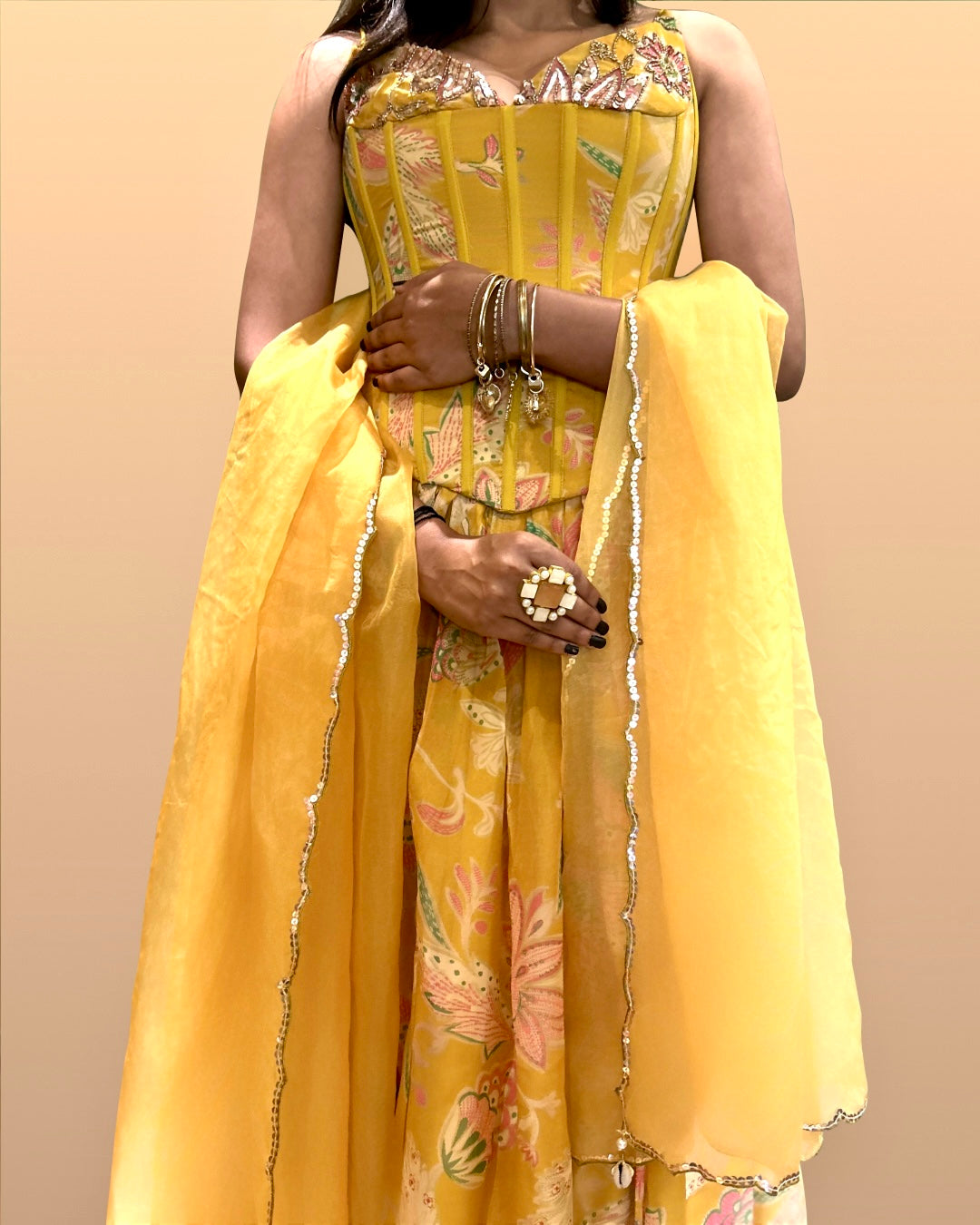 Yellow Hand Embroidered Organza Corset Lehenga Set