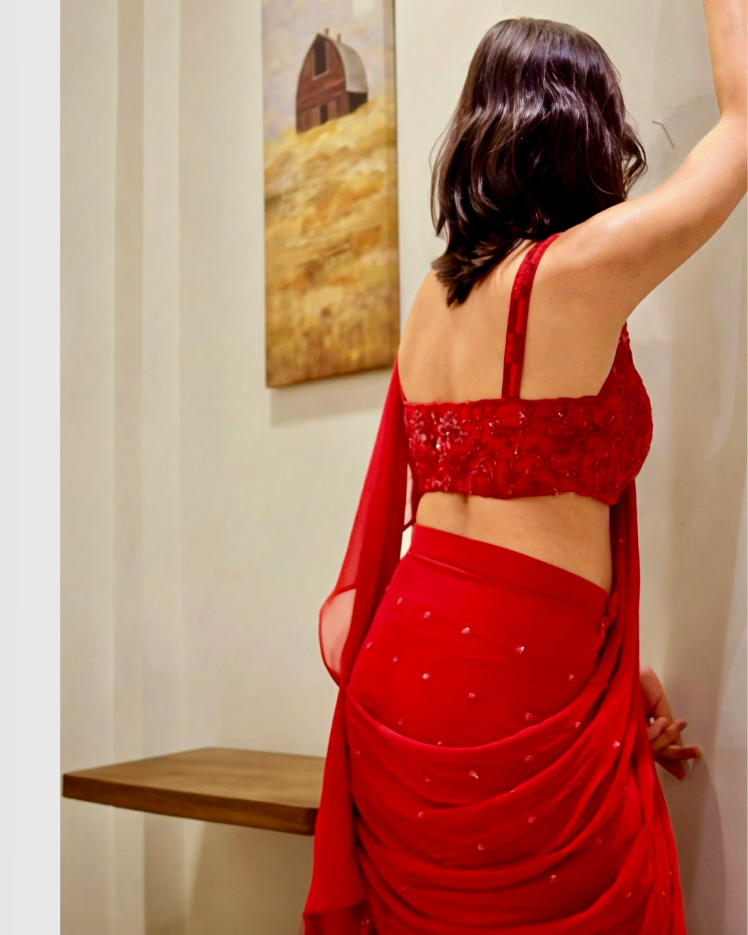 The Classic Red Pre-Draped Saree with Hand-Embroidered Blouse