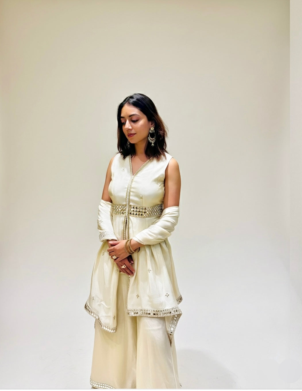 Off-White Tissue Kurta & Sharara Set with Mirror-Embroidered detailing