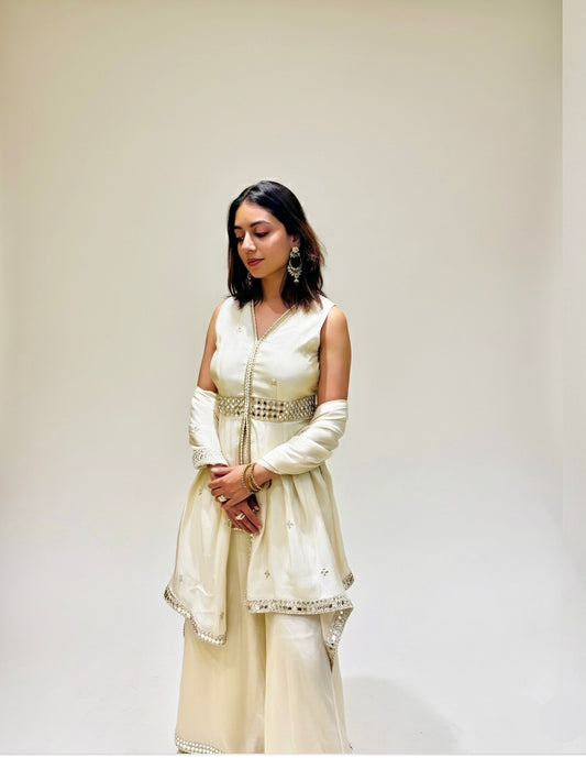 Off-White Tissue Kurta & Sharara Set with Mirror-Embroidered detailing
