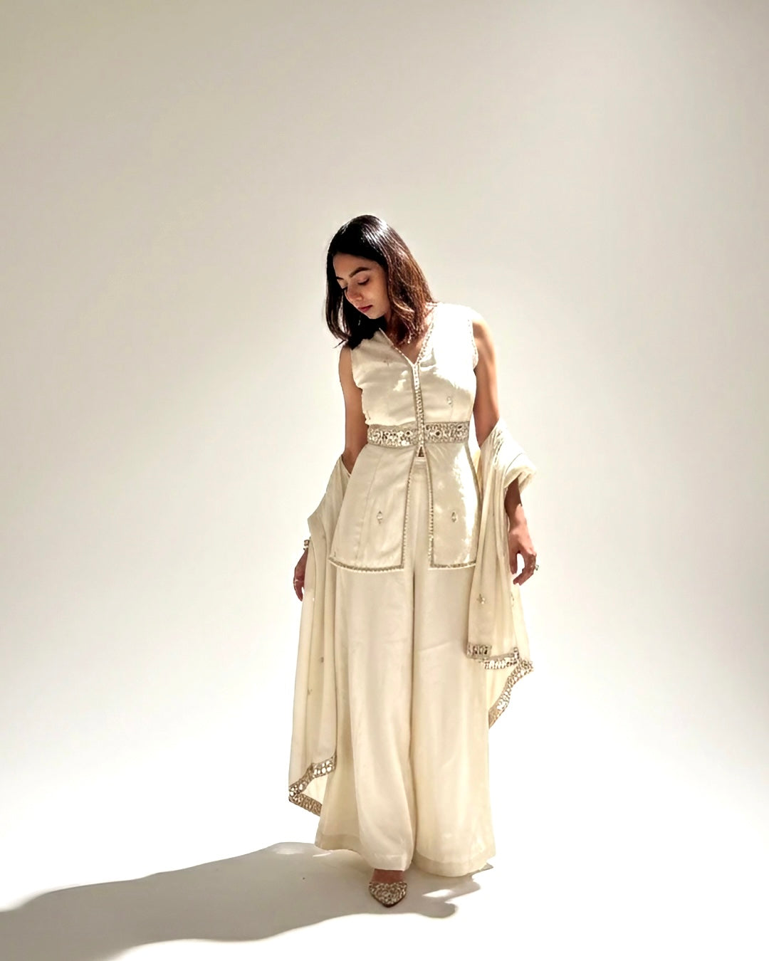Off-White Tissue Kurta & Sharara Set with Mirror-Embroidered detailing