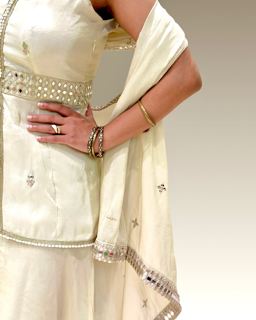 Off-White Tissue Kurta & Sharara Set with Mirror-Embroidered detailing