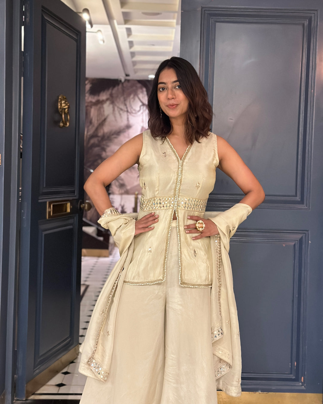 Off-White Tissue Kurta & Sharara Set with Mirror-Embroidered detailing