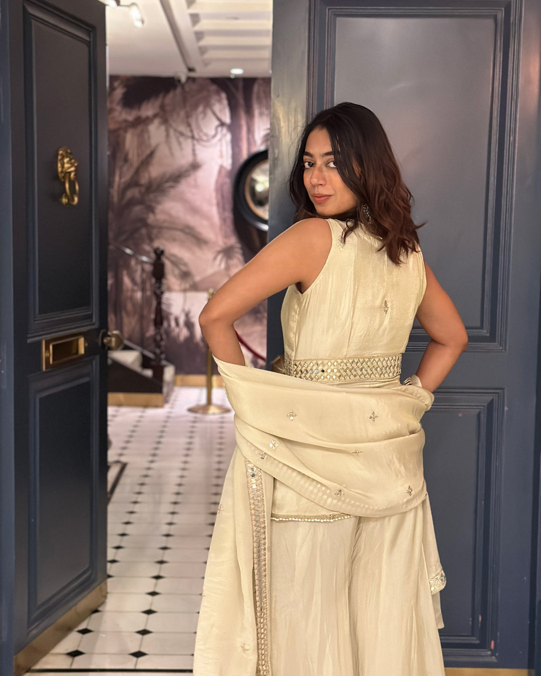 Off-White Tissue Kurta & Sharara Set with Mirror-Embroidered detailing