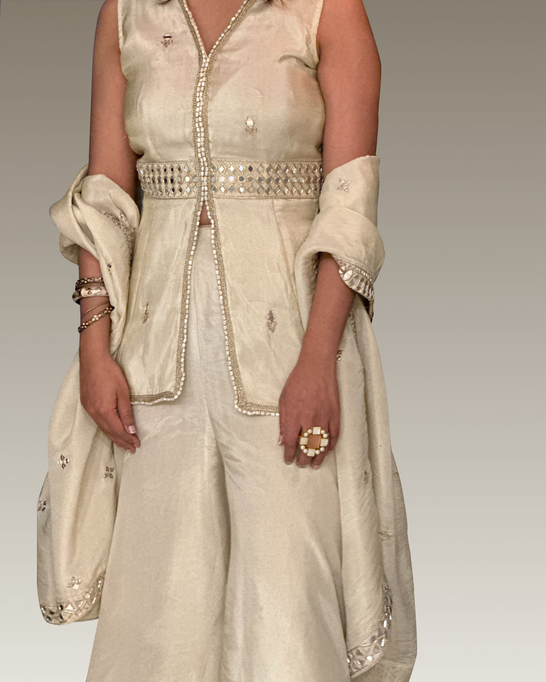 Off-White Tissue Kurta & Sharara Set with Mirror-Embroidered detailing