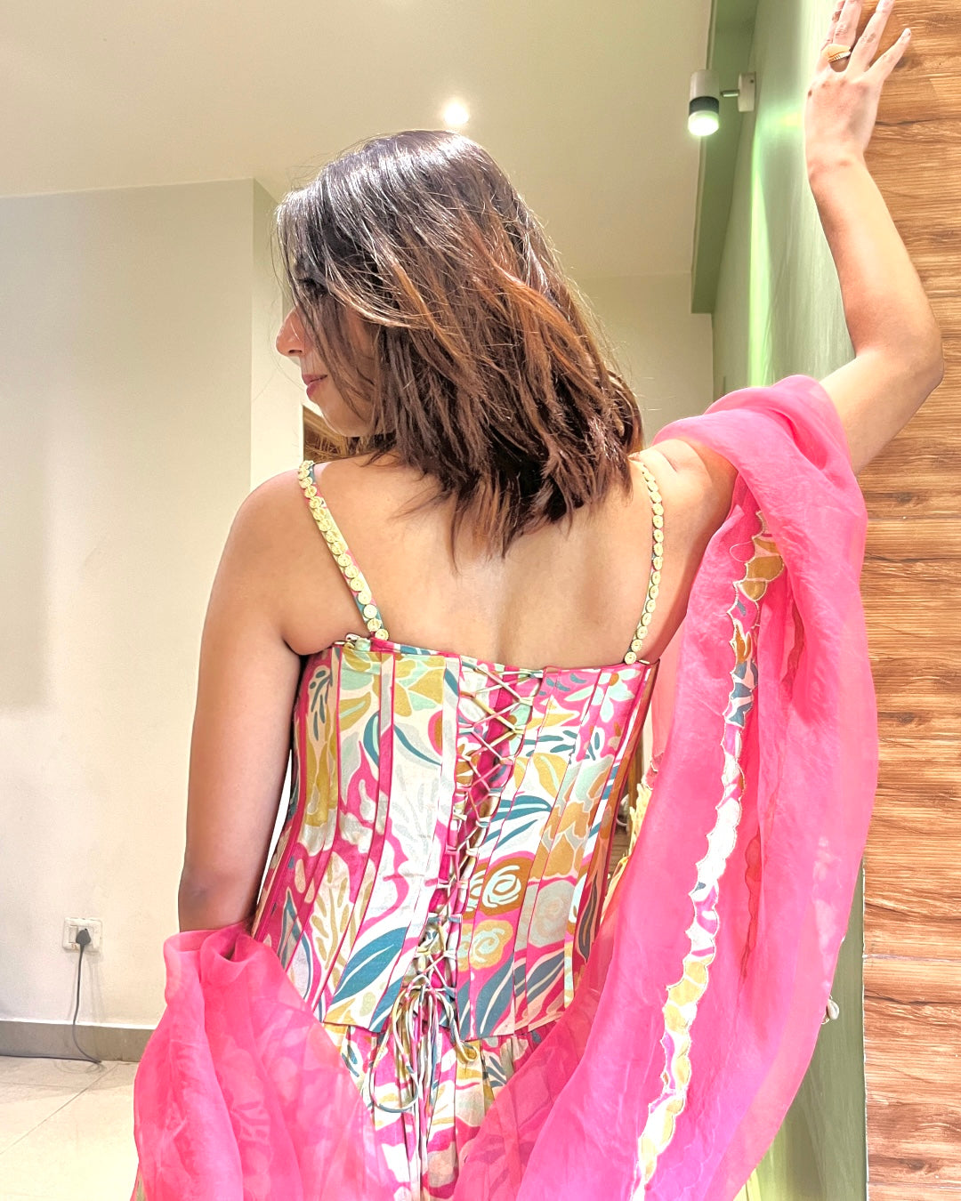 Pink Hand Embroidered Tissue Corset Lehenga Set