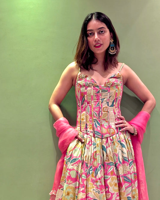 Pink Hand Embroidered Tissue Corset Lehenga Set