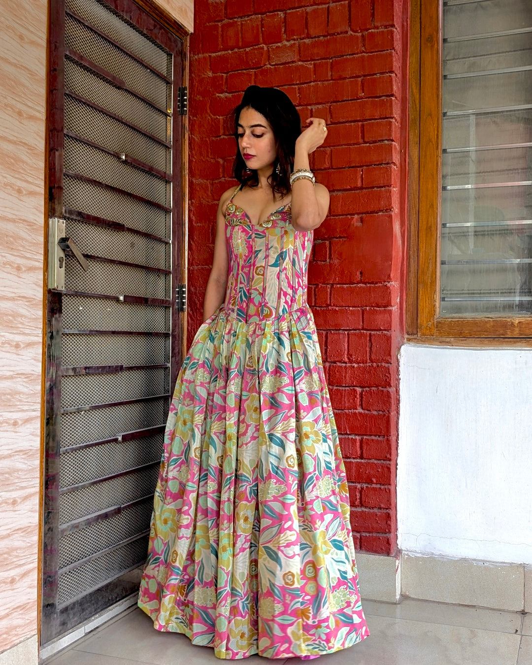 Pink Hand Embroidered Tissue Corset Lehenga Set