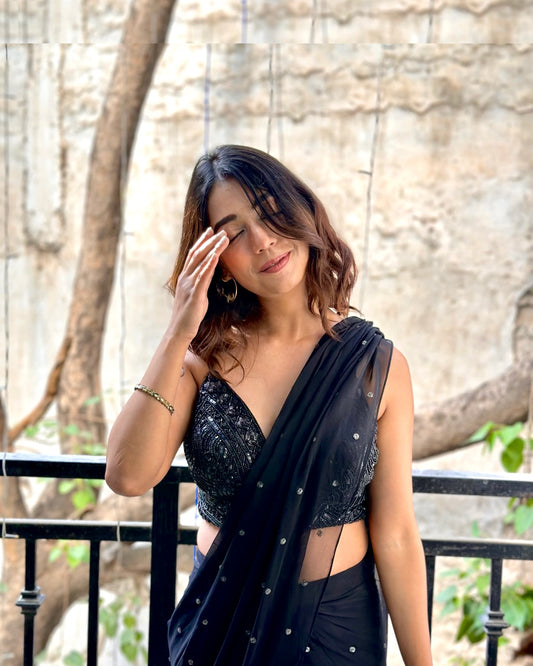The Classic Black Pre-Draped Saree with Hand-Embroidered Blouse