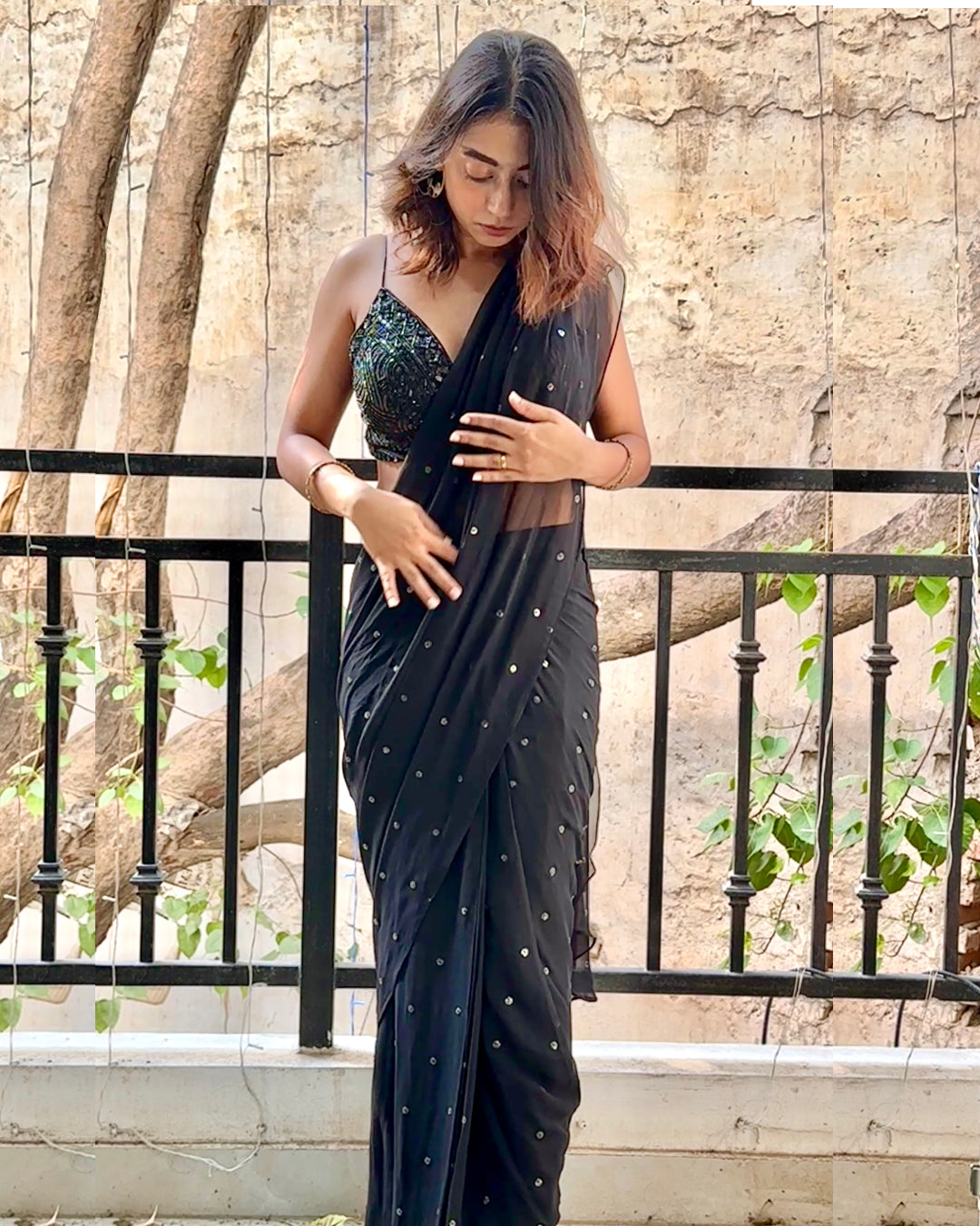 The Classic Black Pre-Draped Saree with Hand-Embroidered Blouse