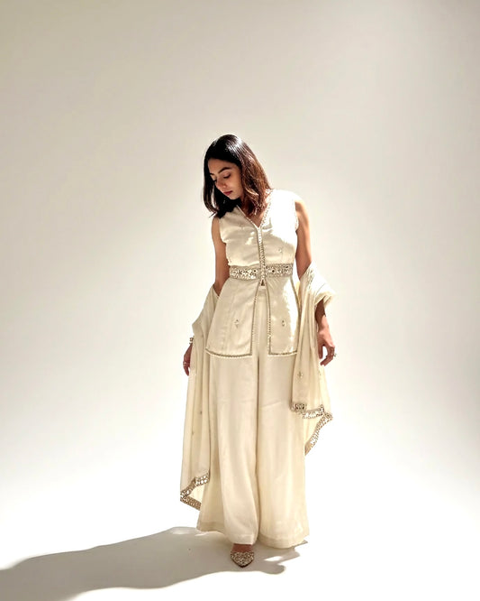Off-White Tissue Kurta & Sharara Set with Mirror-Embroidered detailing