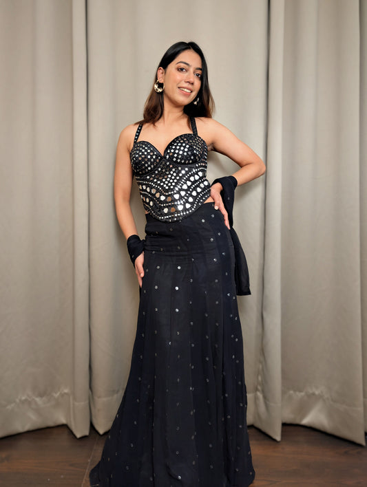 Black Mirrorwork Fitted Lehenga