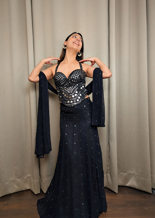 Black Mirrorwork Fitted Lehenga