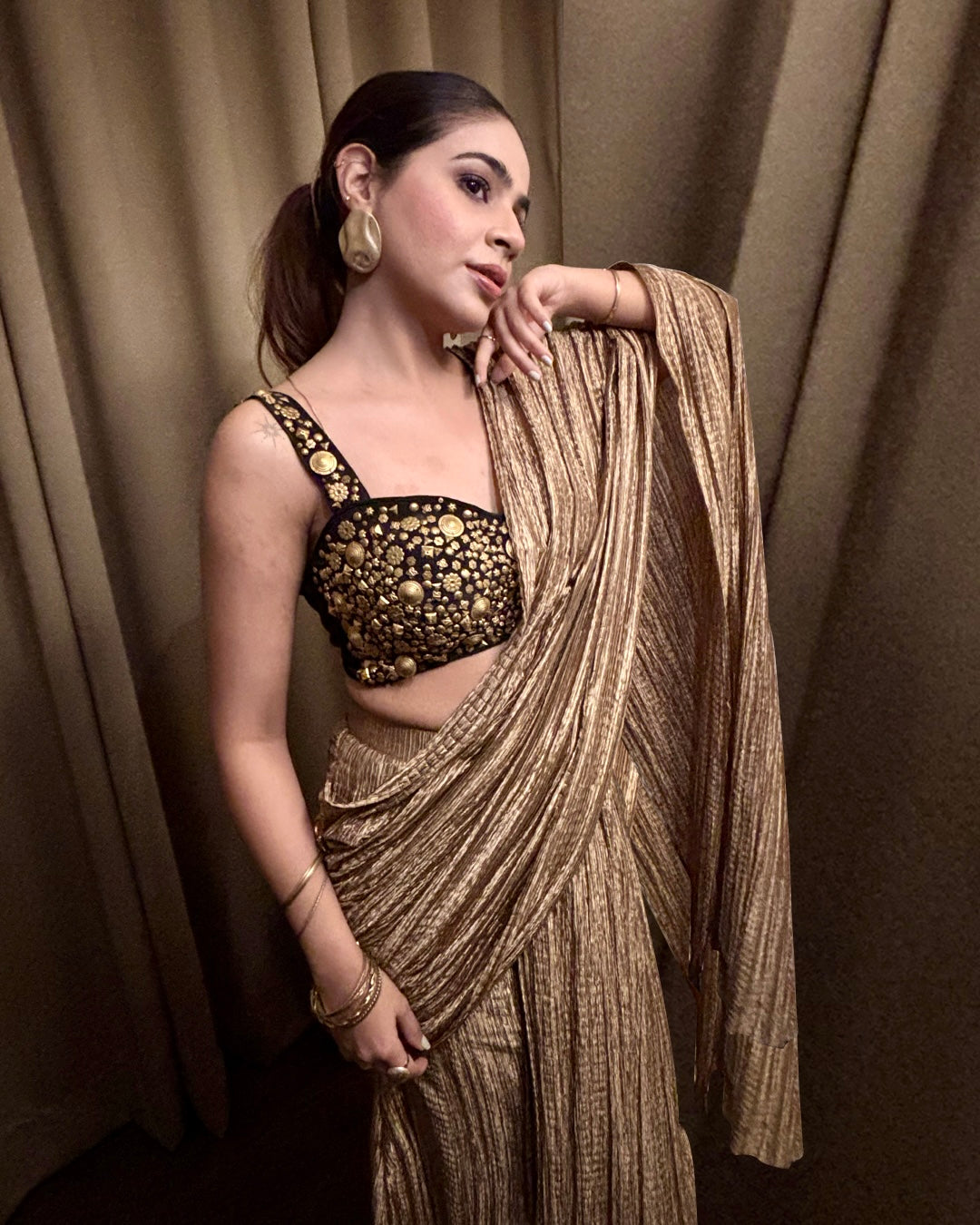 Champagne Metallic Saree Set