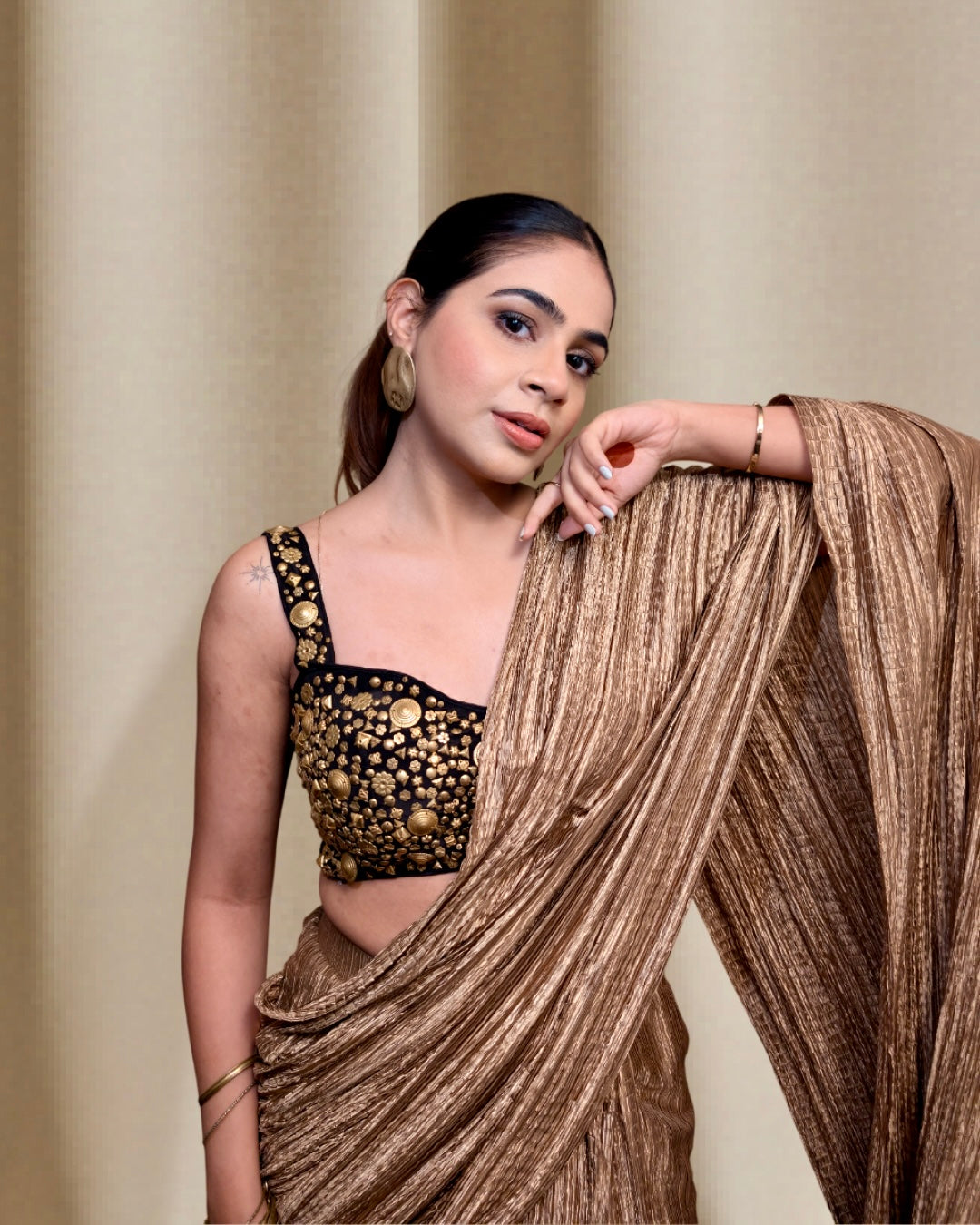 Champagne Metallic Saree Set