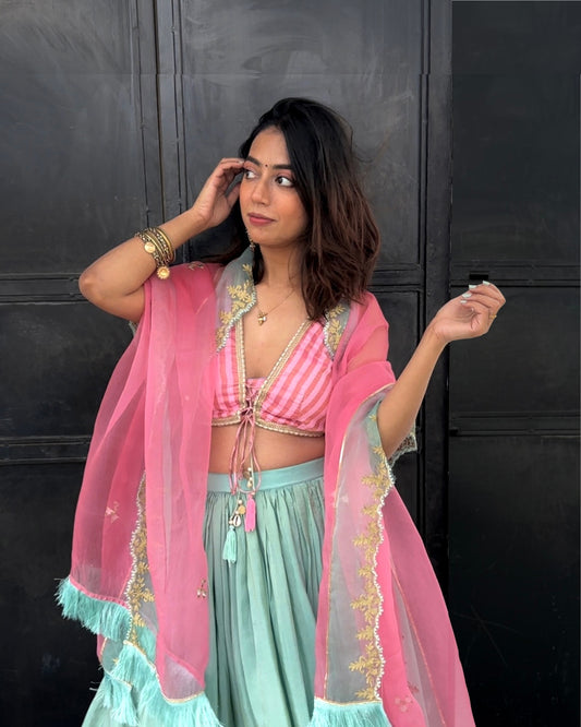 Seafoam & Pink Lehenga Set