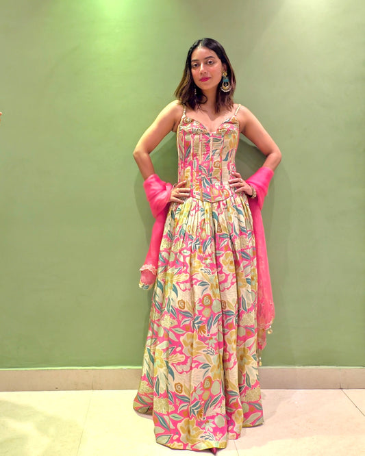 Pink Hand Embroidered Tissue Corset Lehenga Set