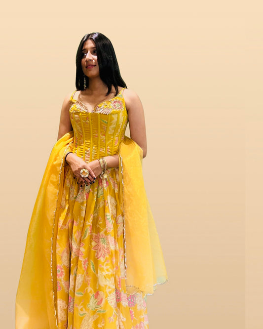 Yellow Hand Embroidered Organza Corset Lehenga Set