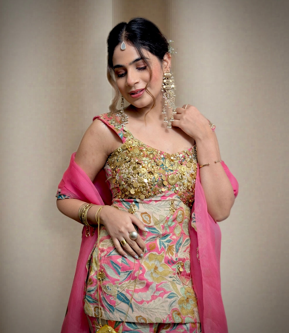 Floral Pink Metallic Sharara set