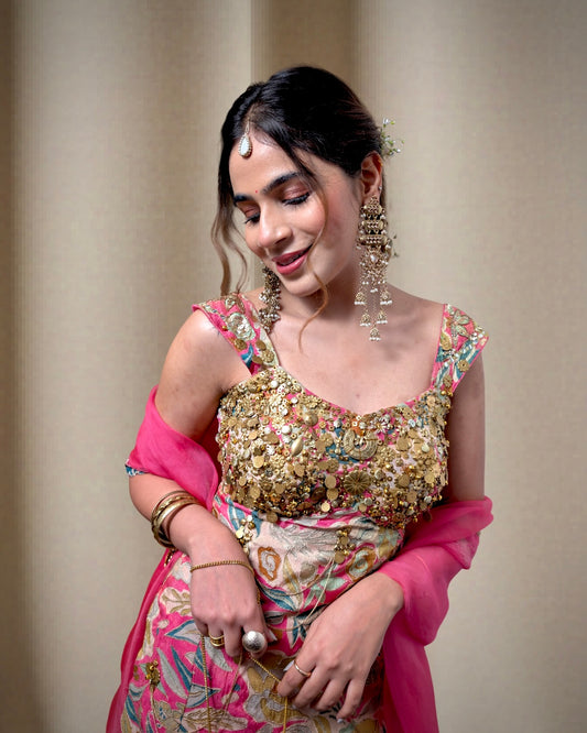 Floral Pink Metallic Sharara set