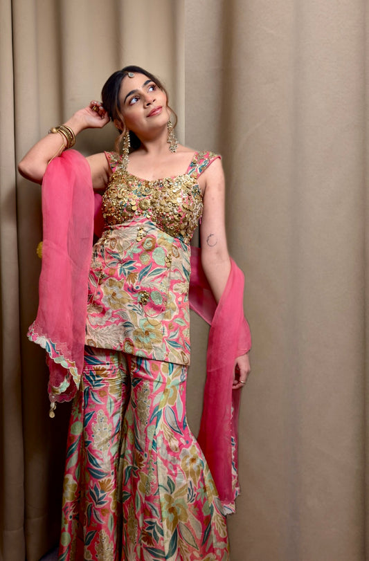 Floral Pink Metallic Sharara set