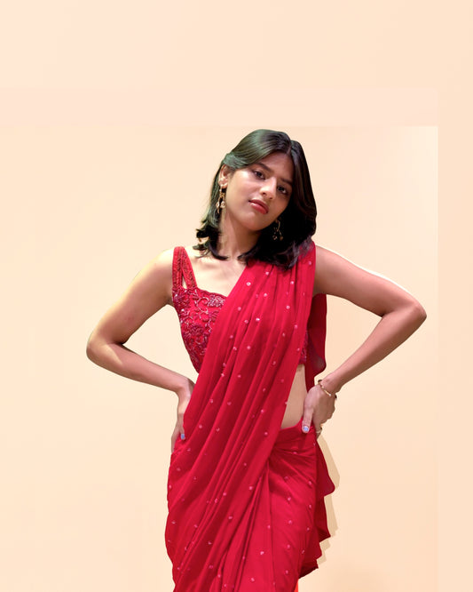 The Classic Red Pre-Draped Saree with Hand-Embroidered Blouse